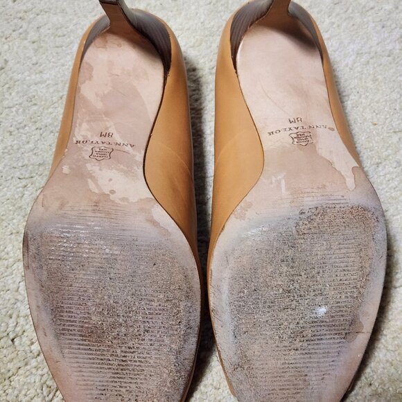 100% Leather Camel Brown Ann Taylor Open Toe Heels Size 8 - Picture 13 of 14